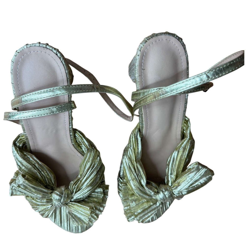 Gold Metallic Pleated Bow Ankle Strap Block‎ Heel Sandals Women Size 40